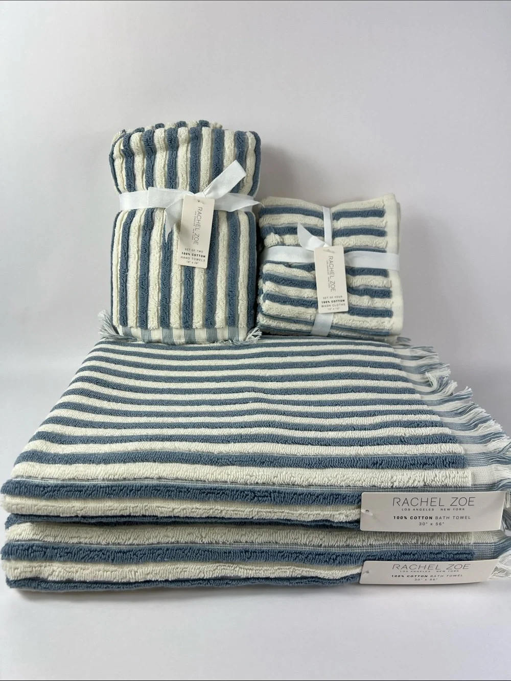 Rachel Zoe Bath Towel Set Blue White Striped with Fringe Soft Cotton 8 Pc NEW